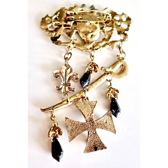 Edwardian Coat of Arms Hanging Fluer de Lei Sward Jet Cross Bead Brooch C Catch - Picture 2 of 12